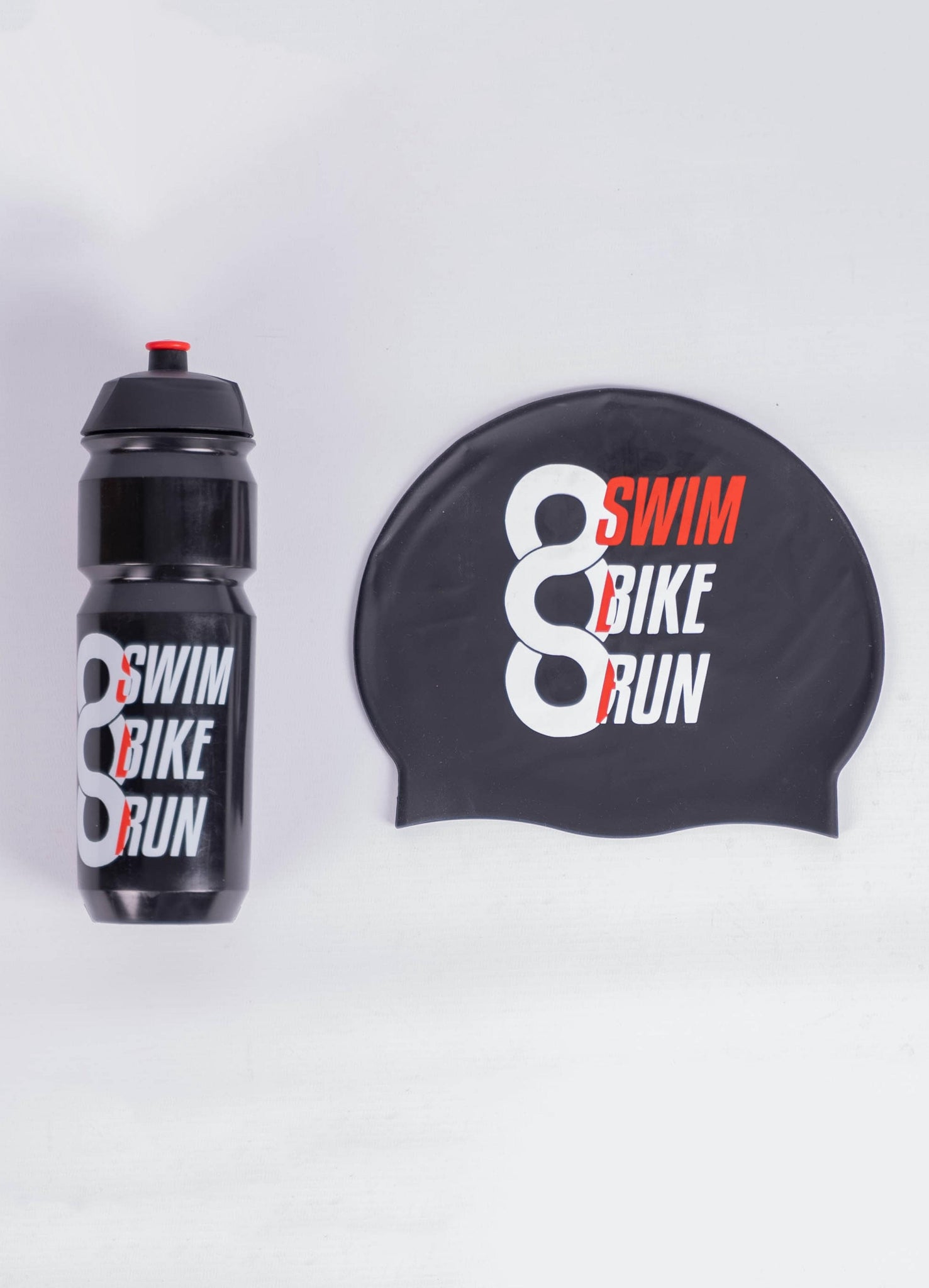 Gourde noire en plastique biodégradable + Bonnet de bain Swim Bike Run